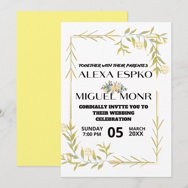 Invitation Fête de mariage Bee Bridal shower fleurs jaunes (Devant / Derrière)