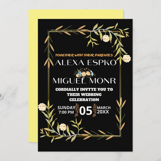 Invitation Fête de mariage Bee Bridal shower fleurs jaunes (Devant / Derrière)