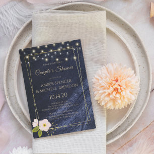 Invitation Fête de mariage bleu marine floral cadre doré pour