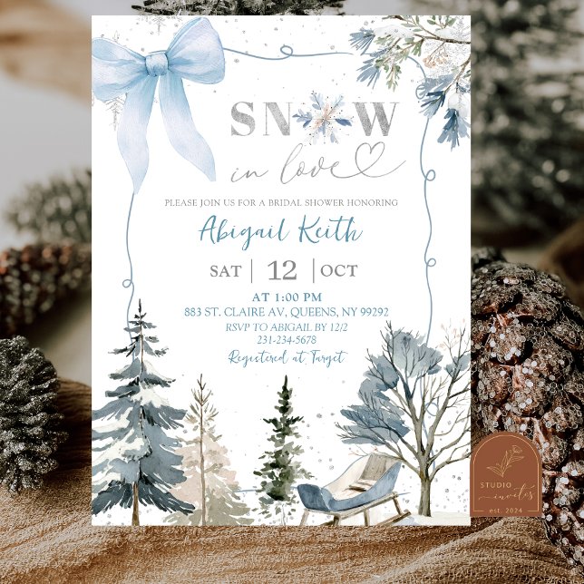 Invitation Fête de mariage Blue Bow Coquette Snow In Love (Créateur téléchargé)