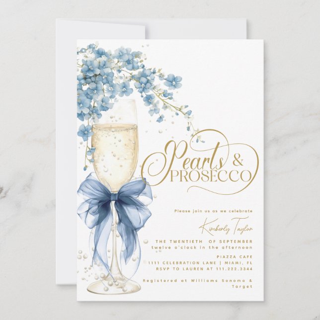Invitation Fête de mariage Blue Bow Floral Perles & Prosecco (Devant)