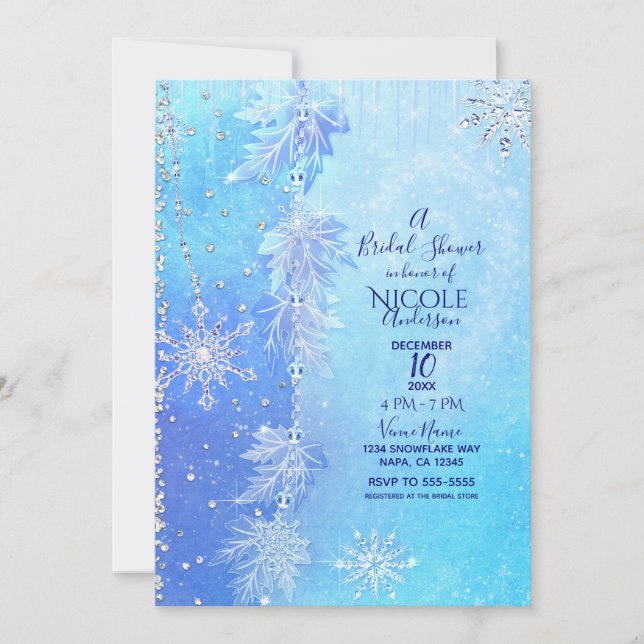 Invitation Fête de mariage Blue Winter Leaves & Snowflakes (Devant)