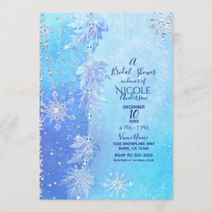 Invitation Fête de mariage Blue Winter Leaves & Snowflakes