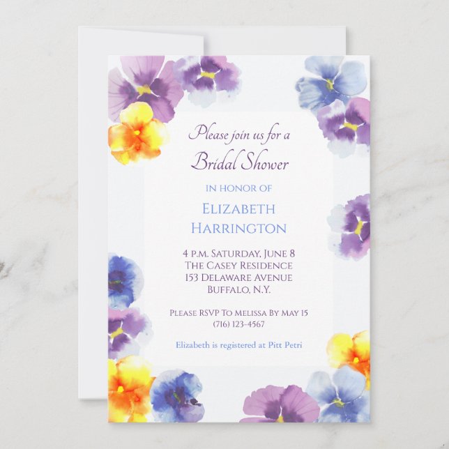 Invitation Fête de mariage bohème aux pensées violettes illus (Devant)