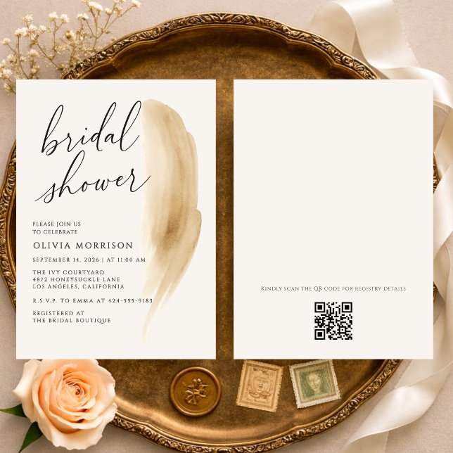 Invitation Fête de mariage bohème neutre avec code QR aquarel (Créateur téléchargé)