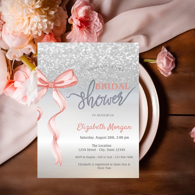 Invitation Fête de mariage Bokeh Pailleté Argent Ruban Rose (Créateur téléchargé)