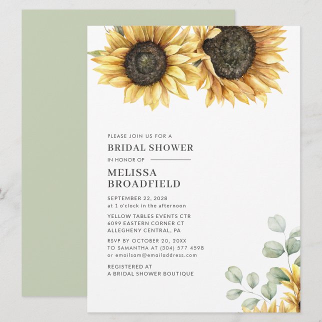Invitation Fête de mariage botanique au tournesol d'eucalyptu (Devant / Derrière)