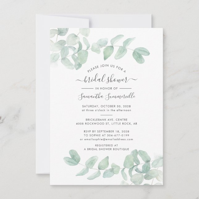Invitation Fête de Mariage Botanique Écriture Verdure Eucalyp (Devant)