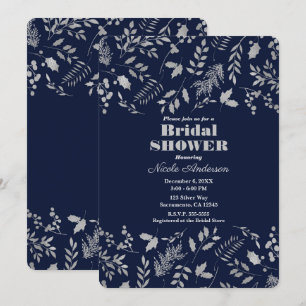Invitation Fête de Mariage Botanique Feuilles Argentées Bleu