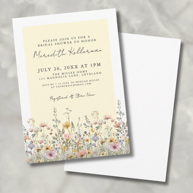 Invitation Fête de mariage botanique florale jaune de fleurs  (Botanical Wildflower Yellow Floral Bridal Shower Invitation )