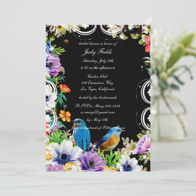 Invitation Fête de mariage botanique florale oiseaux bleus co (Debout devant)