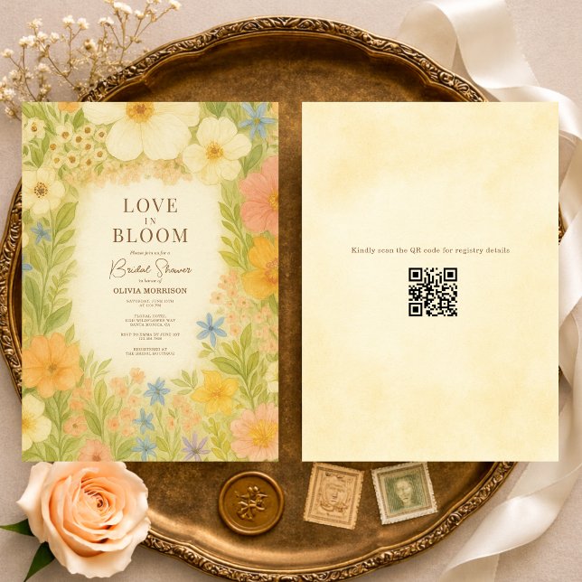 Invitation Fête de mariage botanique Love in Bloom avec code  (Créateur téléchargé)