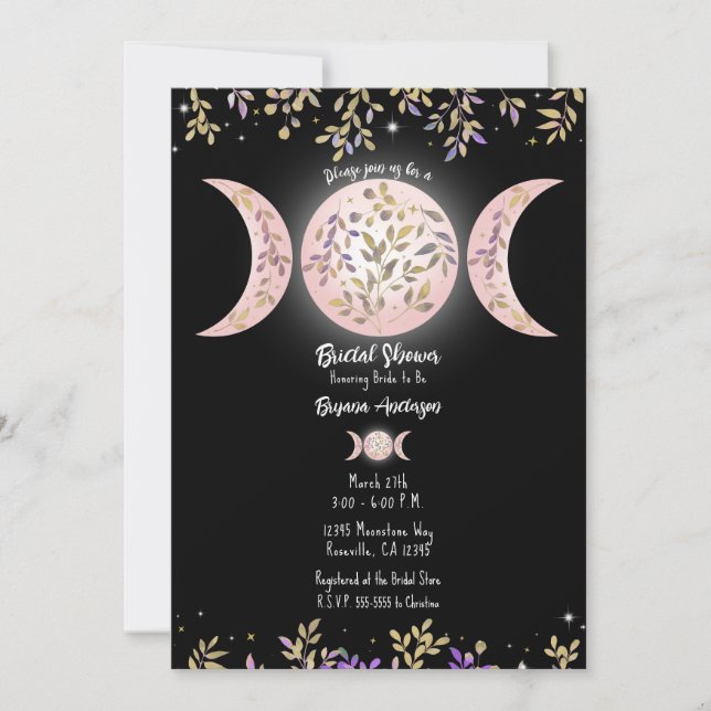Invitation Fête de mariage botanique noire Triple Déesse Luna (Devant)