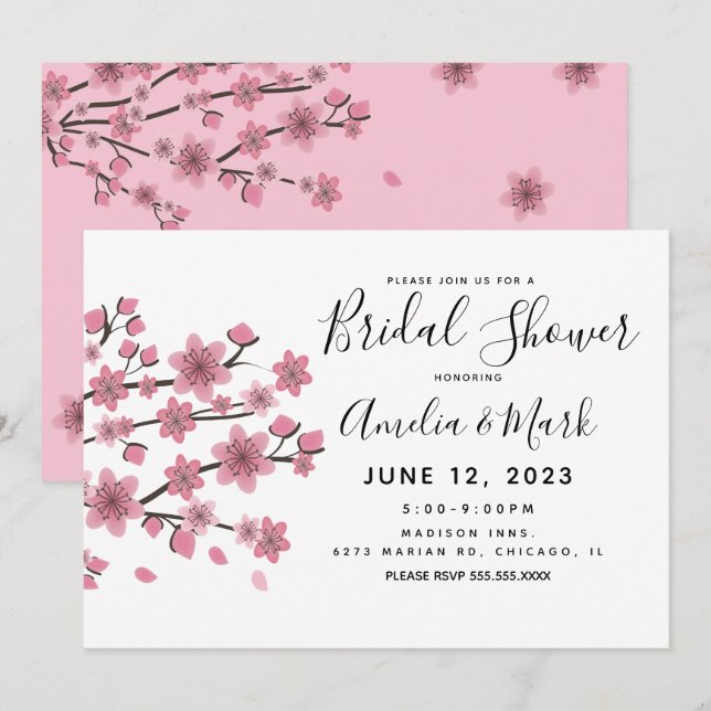 Invitation Fête de mariage botanique rose Cerisier en fleurs  (Devant / Derrière)