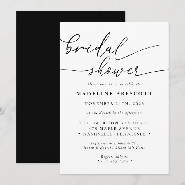 Invitation Fête de Mariage Calligraphie Noir et Blanc (Devant / Derrière)