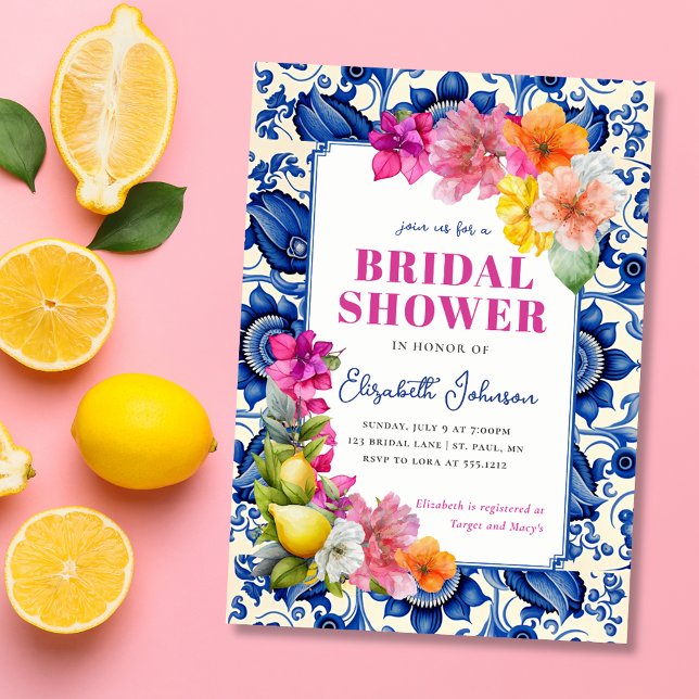 Invitation Fête de mariage Carrelage Bleu Floral Citron (Citrus Floral Blue Tile Bridal Shower Invitation)