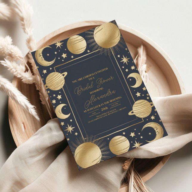 Invitation Fête de Mariage Céleste Croissant de Lune Or Navy (Créateur téléchargé)