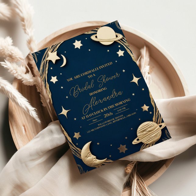 Invitation Fête de Mariage Céleste Croissant de Lune Or Navy (Créateur téléchargé)