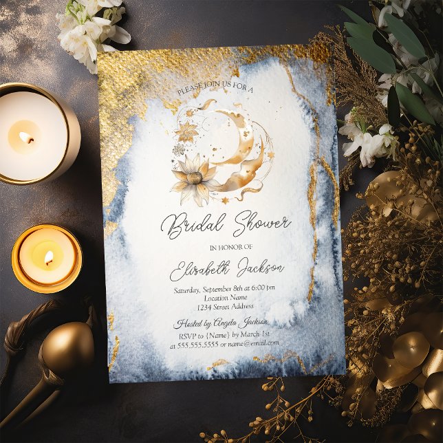 Invitation Fête de mariage Céleste Fleur Lune Or (Créateur téléchargé)