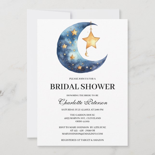 Invitation Fête de mariage Céleste Lune Étoile  (Devant)