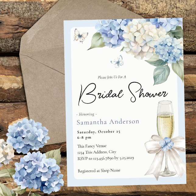 Invitation Fête de mariage Champagné et Hydrangea Bleu (Créateur téléchargé)