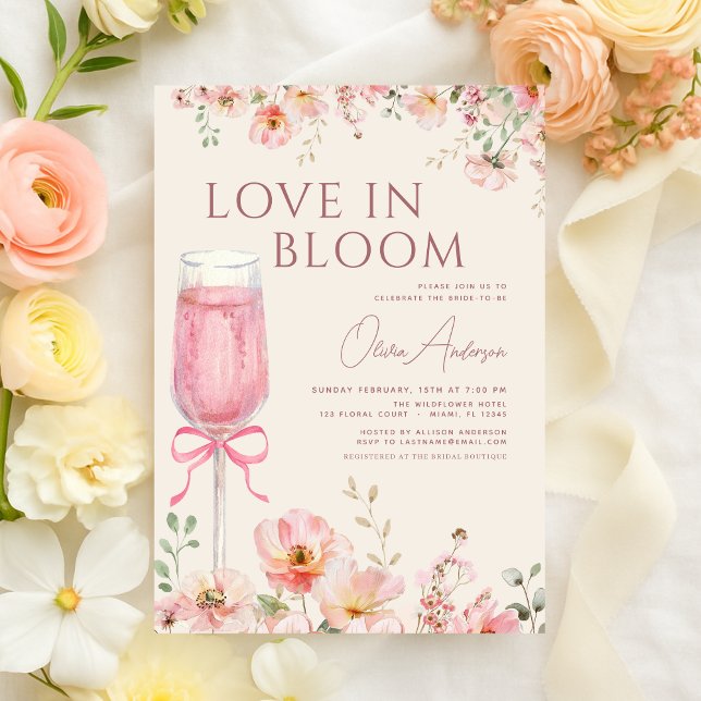 Invitation Fête de mariage Champagne Pink Bow Love in Bloom (Créateur téléchargé)