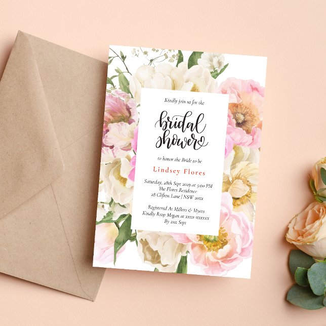 Invitation Fête de mariage champêtre aux fleurs roses (Rustic pink floral greenery invitation creates a warm, romantic bridal shower tone)