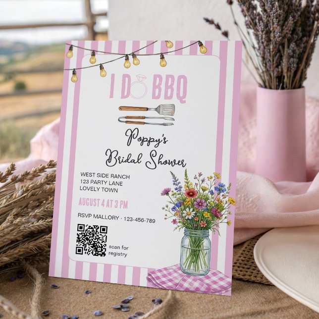 Invitation Fête de mariage champêtre avec rayures roses (I DO BBQ Pink Striped Country Chic Bridal Shower Invitation by Darling & May)