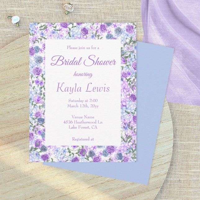 Invitation Fête de mariage champêtre avec une bordure de rose (lavender and dusty blue wedding bridal shower invitation with rose border, light purple blue roses)