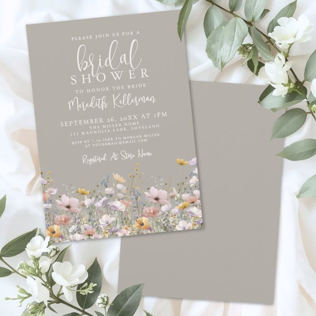 Invitation Fête de mariage champêtre beige Wildflower (Wildflower Beige Bridal Shower Invitation)