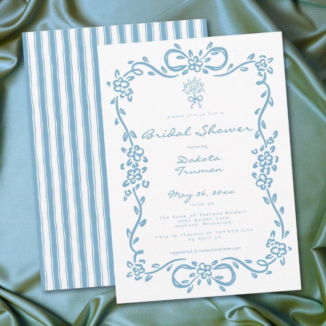Invitation Fête de mariage champêtre bleu capricieux (Whimsical Blue Hand Drawn Floral Bridal Shower Invitation)