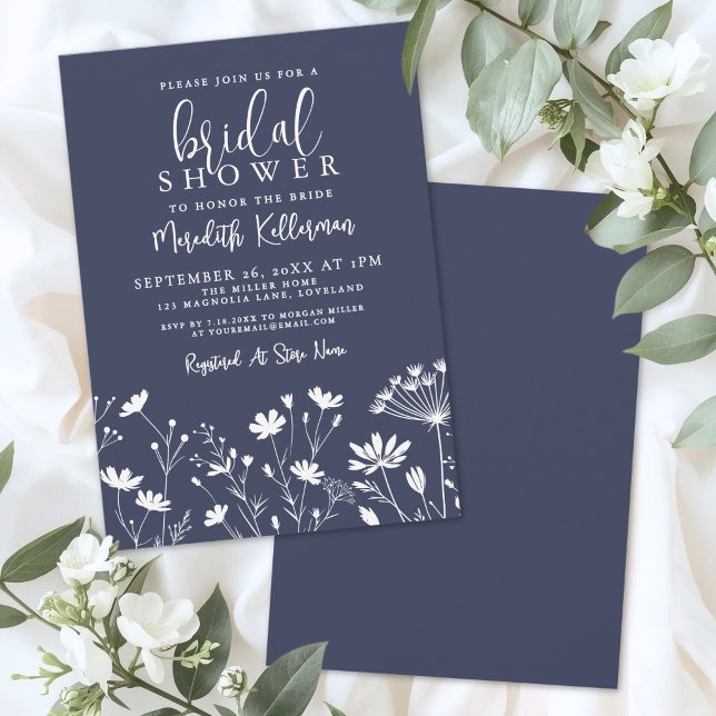 Invitation Fête de mariage champêtre bleu marine (Wildflower Navy Blue Bridal Shower Invitation)