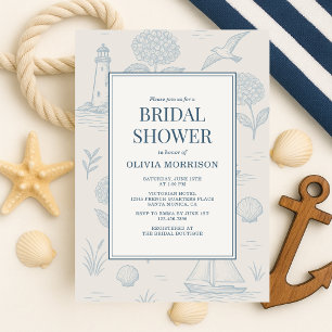 Invitation Fête de mariage champêtre bleu toile de Jouy côtiè