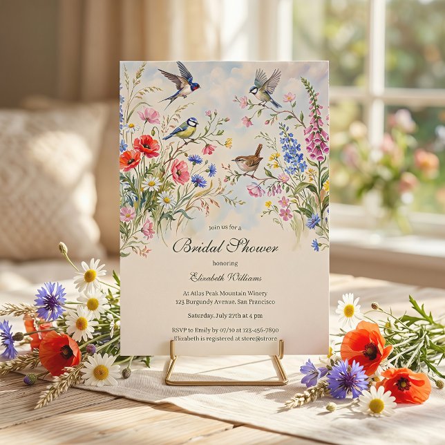 Invitation Fête de mariage champêtre et fantaisiste avec oise (Watercolor Whimsical Wildflower Meadow Songbird Garden Bridal Shower Invitation)