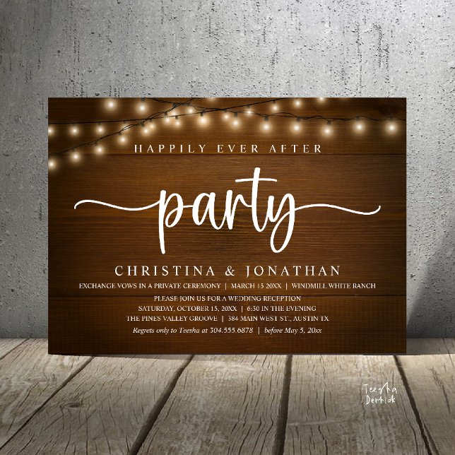 Invitation Fête de Mariage Champêtre "Jour de Bonheur Éternel (Happily Ever After party, Rustic Wedding reception Invitation Card string lights brown wood)