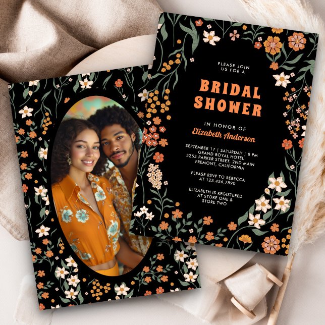 Invitation Fête de mariage champêtre orange noir groovy (Créateur téléchargé)