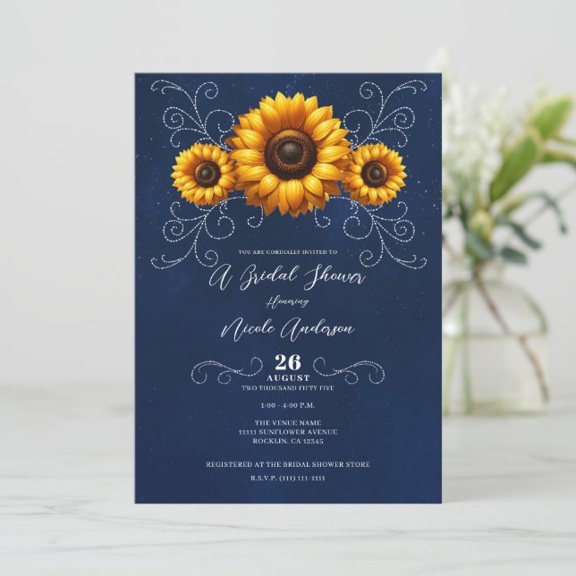 Invitation Fête de mariage champêtre pailleté tournesol bleu  (Debout devant)