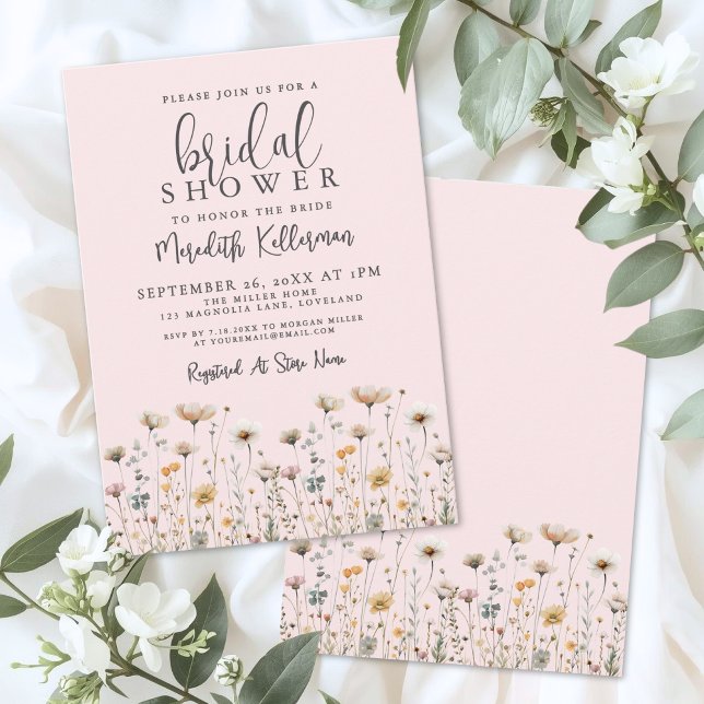 Invitation Fête de mariage champêtre rose blush (Wildflower Blush Pink Bridal Shower Invitation)
