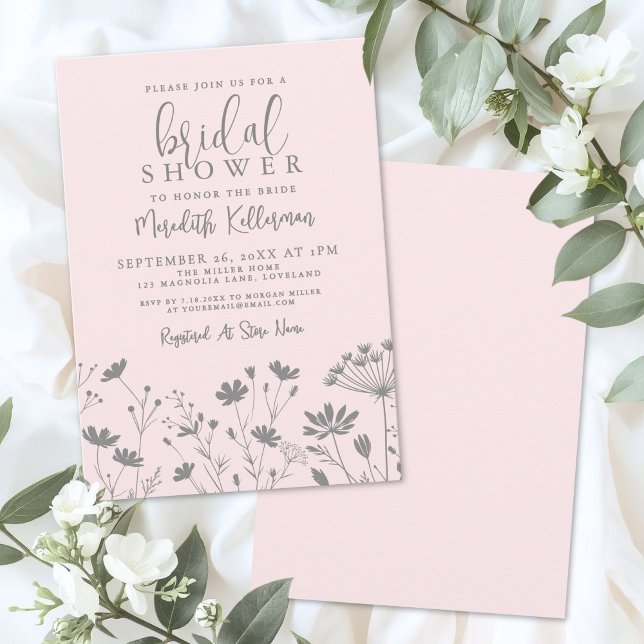 Invitation Fête de mariage champêtre Rose saumon (Blush Pink Wildflower Bridal Shower Invitation)