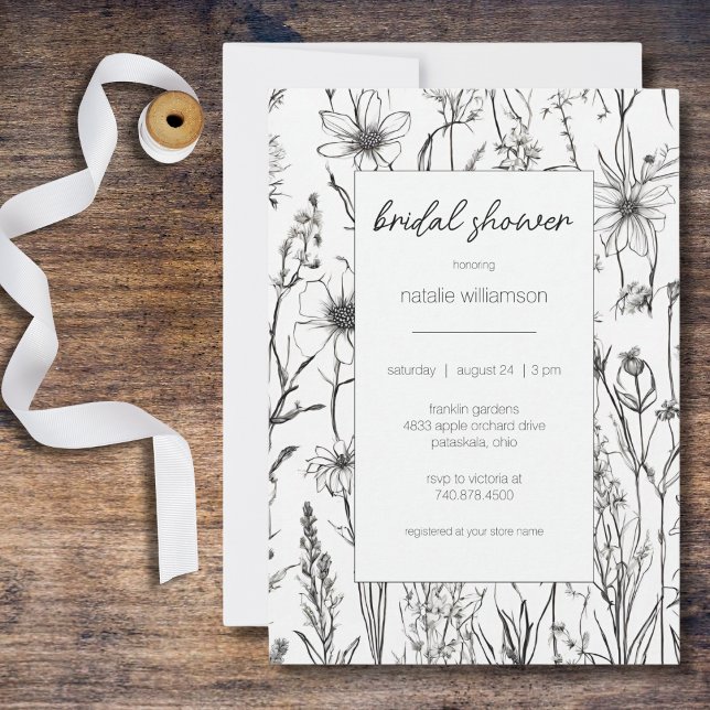 Invitation Fête de mariage champêtres Fleurs sauvages Noir &  (Créateur téléchargé)
