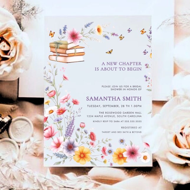 Invitation Fête de mariage chapitre de conte de fées floral v (A romantic purple floral bridal shower invitation with books, butterflies, and elegant garden charm!)