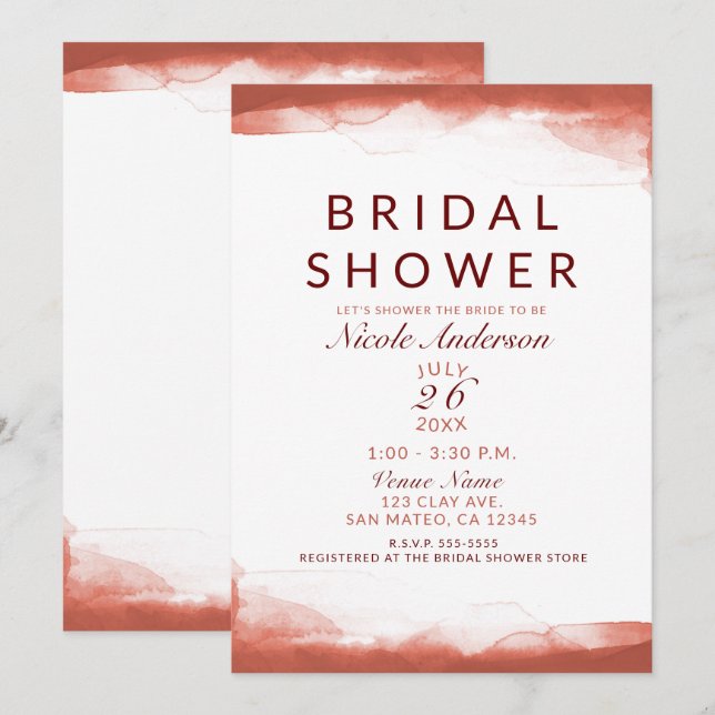 Invitation Fête de mariage chic aquarelle argile rouille roug (Devant / Derrière)