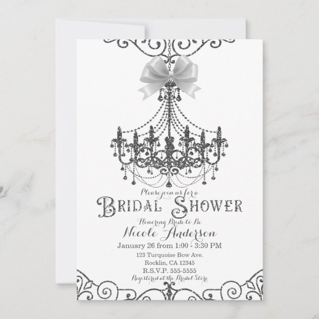 Invitation Fête de mariage chic blanc et argent ruban blanc (Devant)