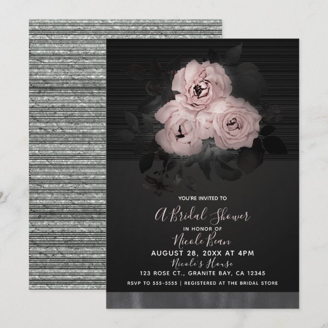 Invitation Fête de mariage chic florale glamour rose et noir  (Devant / Derrière)