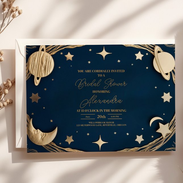 Invitation Fête de mariage Ciel Croissant de Lune Or Navy (Créateur téléchargé)