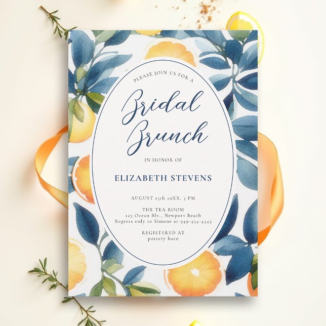 Invitation Fête de mariage Citron Aquarelle Moderne Orange Bl (bridal brunch invitation card template citrus orange lemon grapefruit summer fruit blue tile italian)
