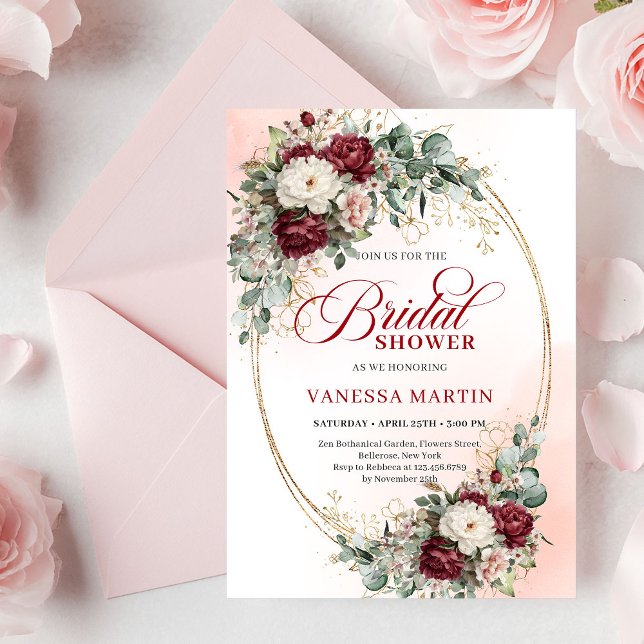 Invitation Fête de mariage classique aux fleurs rouges profon (Classic Deep Red Floral Eucalyptus Bridal Shower

)