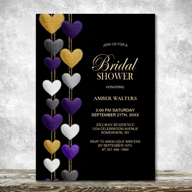 Invitation Fête de mariage Cœurs violets et dorés (Créateur téléchargé)