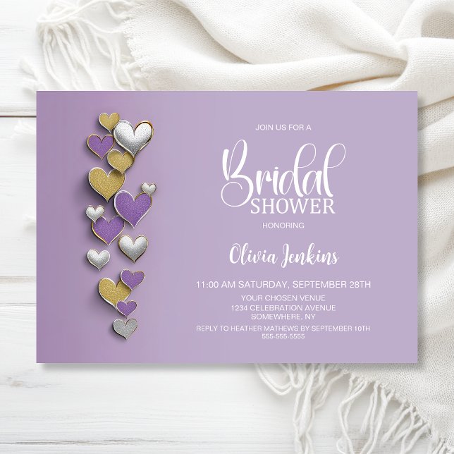 Invitation Fête de mariage Cœurs violets et dorés (Créateur téléchargé)