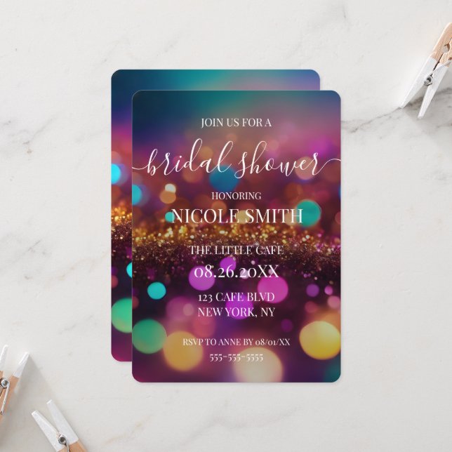 Invitation Fête de mariage Colorée Bokeh (Devant/Arrière en situation)